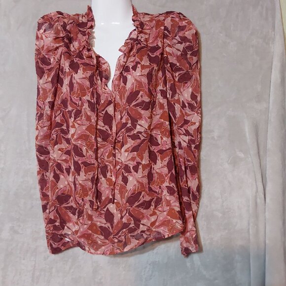 Joie Shirt S‎ Pink & Red Boho Floral Poly-Chiffon Puff Sleeve Peasant Blouse - Picture 4 of 4